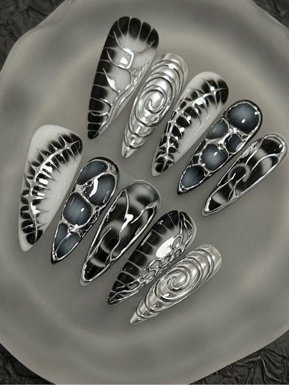 Black & White Stiletto Press-On Nails - Swirl & Spot Design